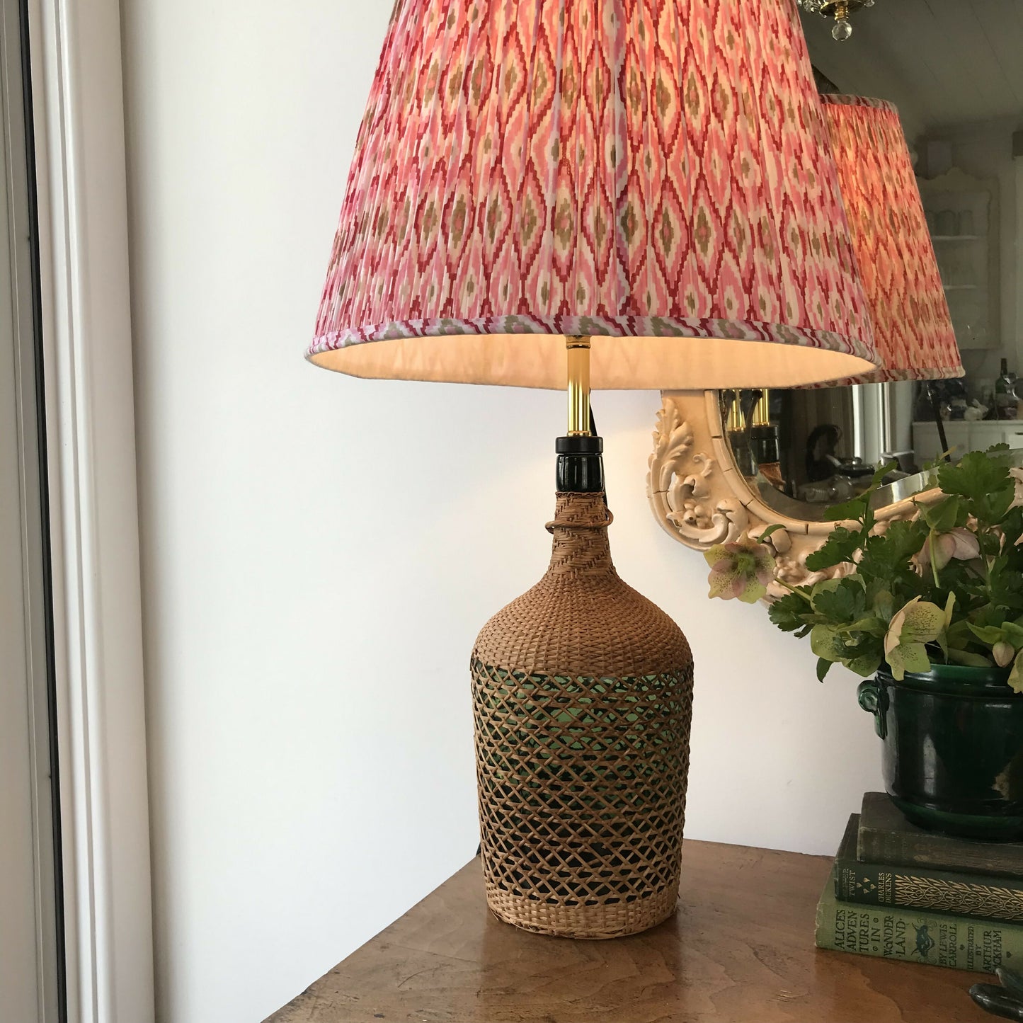 Vintage woven bottle lamp