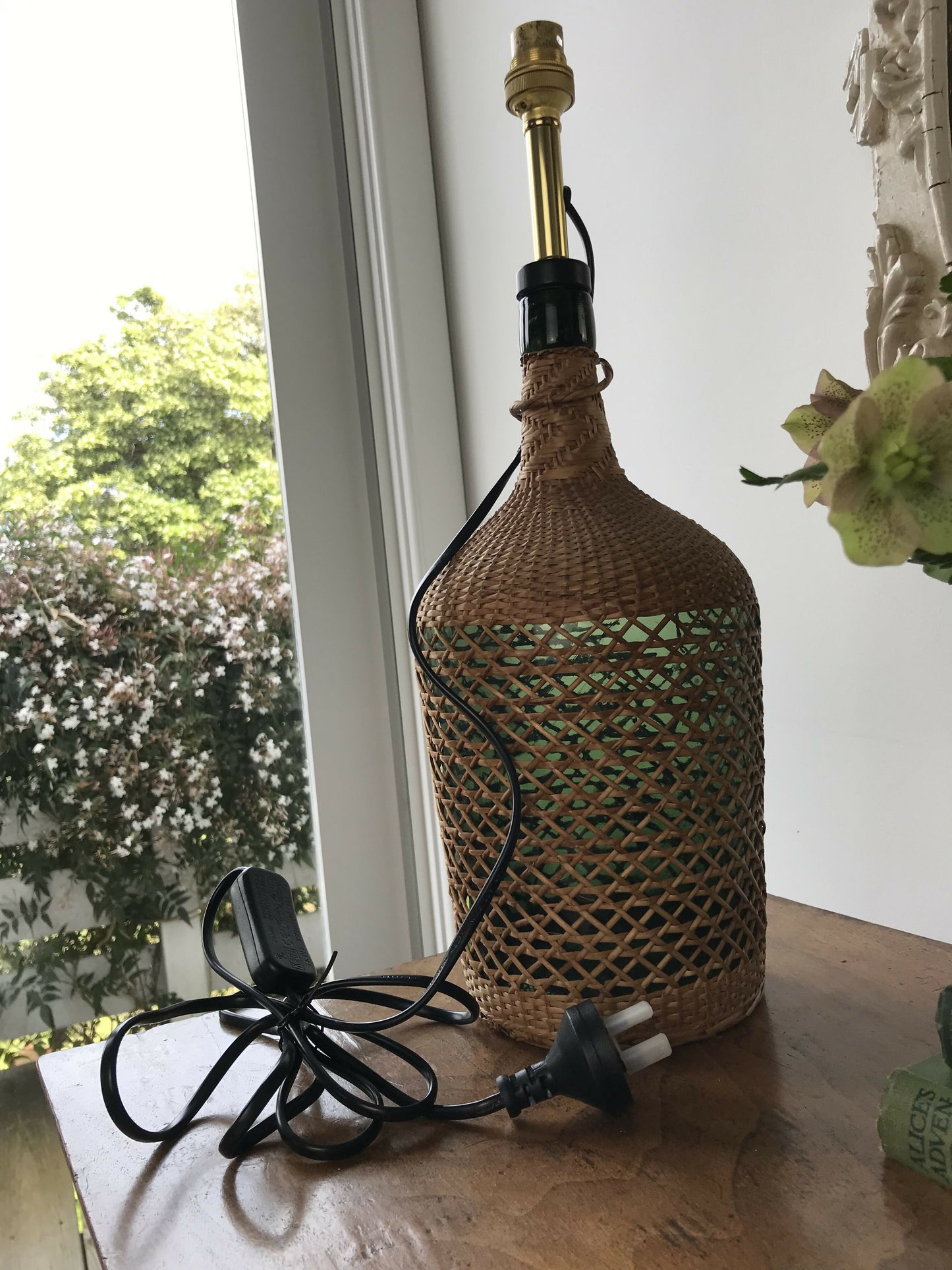 Vintage woven bottle lamp