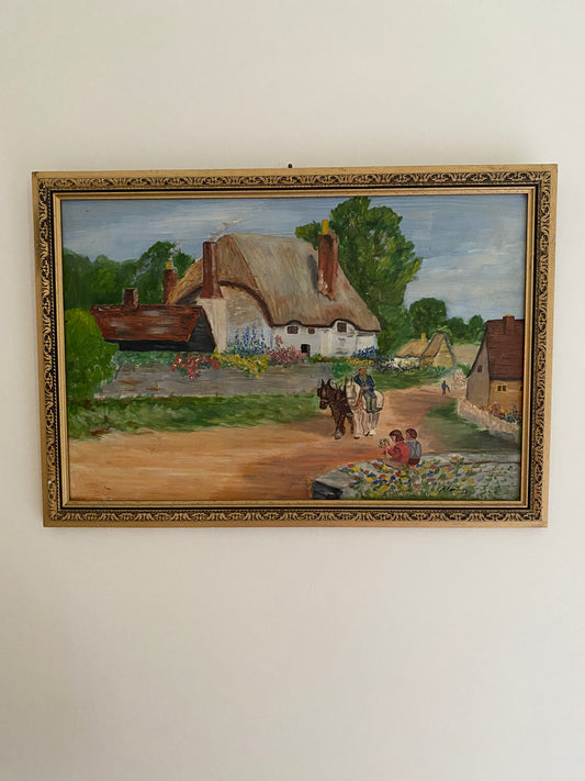 Vintage Painting of Thatched House