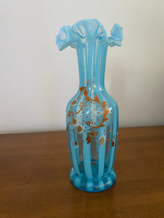 Antique Hand blown Blue Glass Vase with Hand painted Daisies