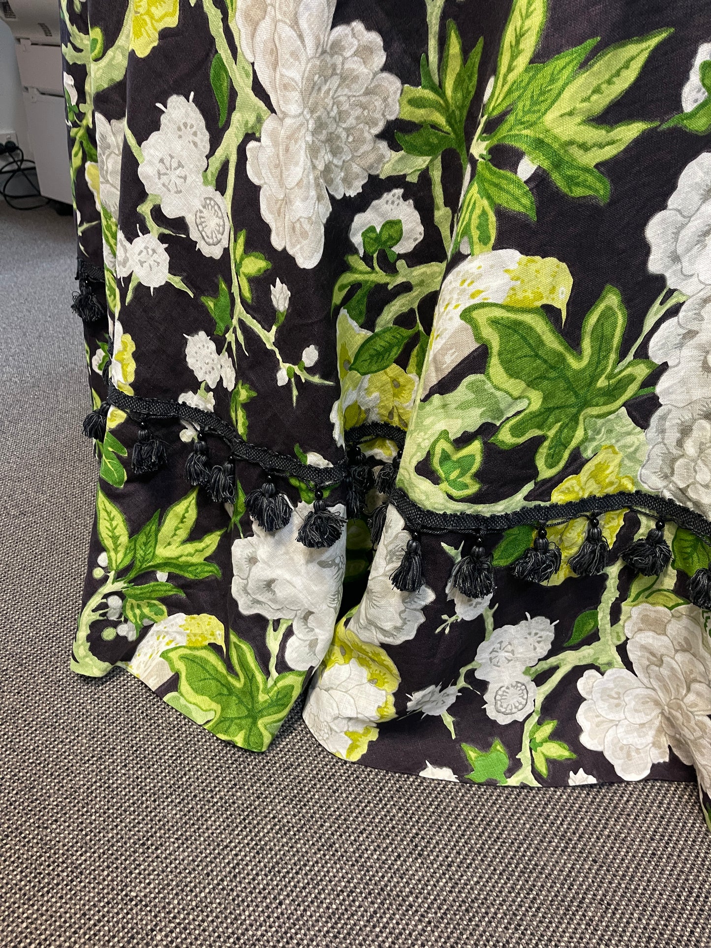 Round Tablecloth made in Mary MacDonald 'Bermuda Blossom' Jet.