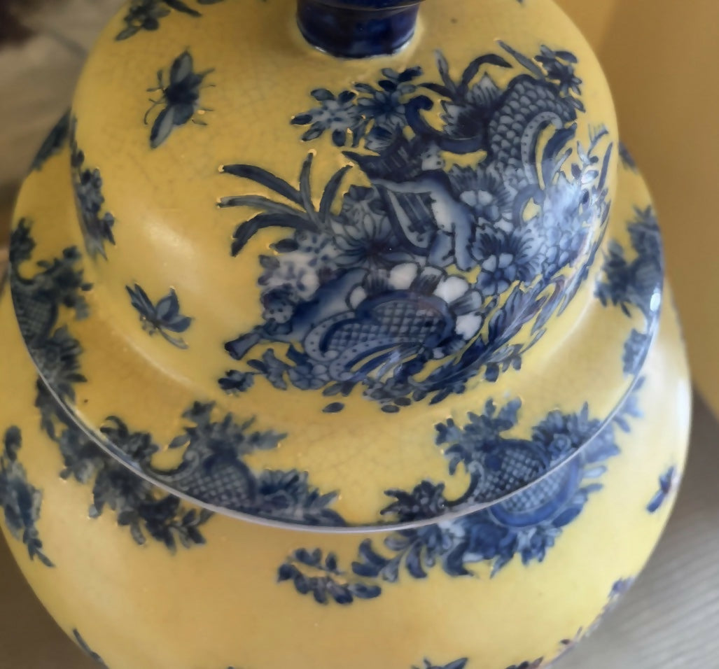 Large Vintage Yellow Ginger Jar Lamp Base with Blue Garland and Putti Motif