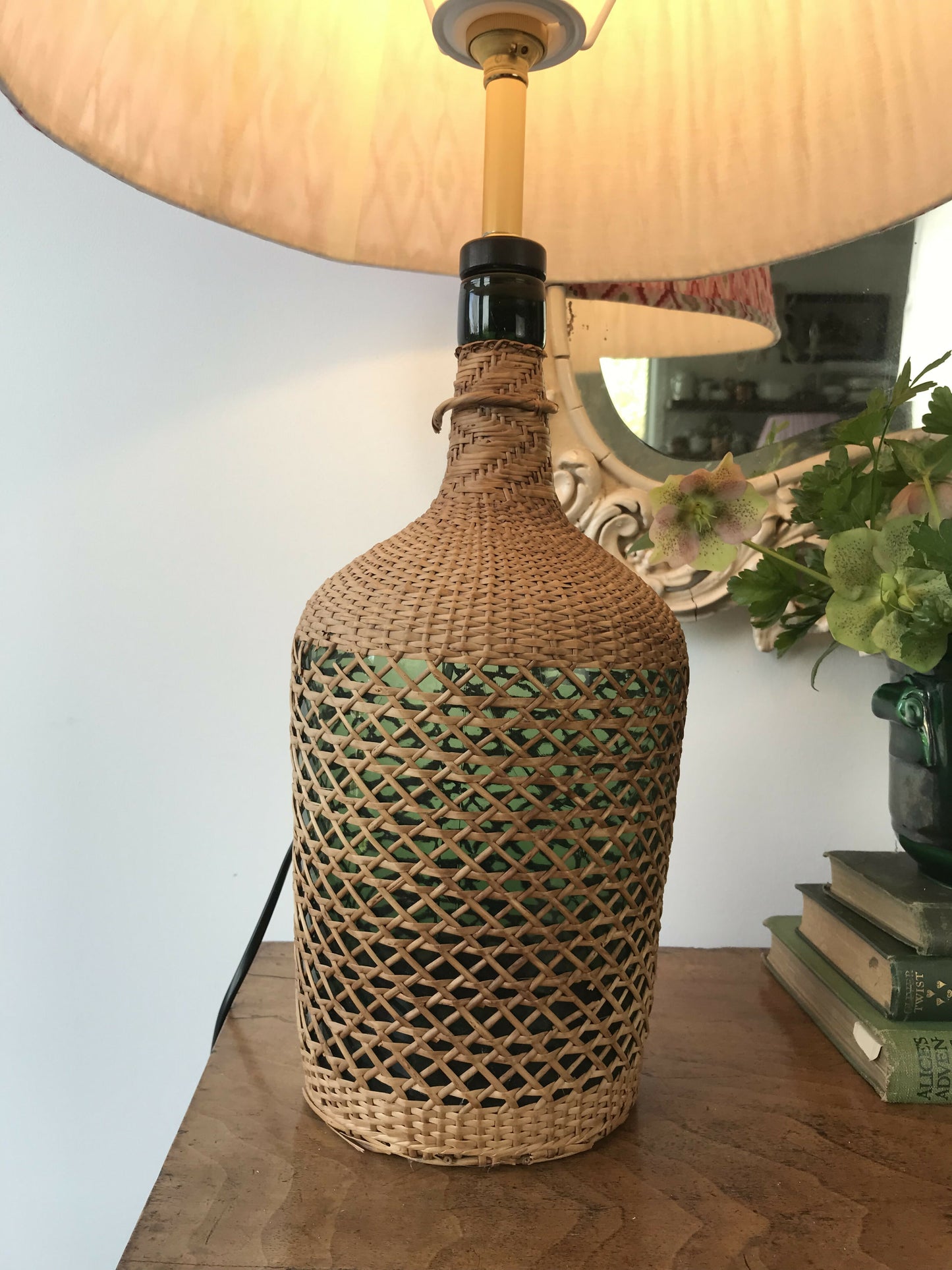 Vintage woven bottle lamp