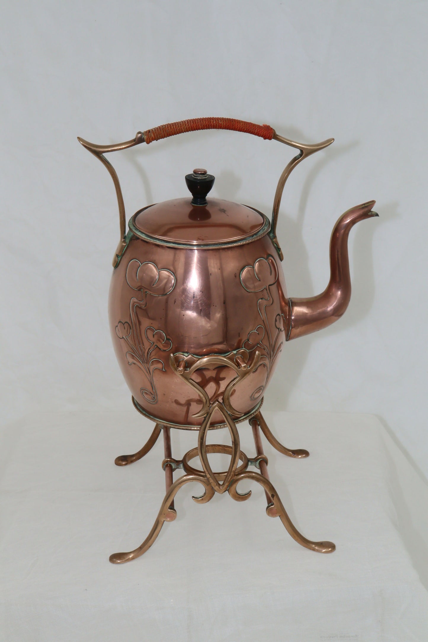 Art Nouveau copper and brass spirit kettle on stand