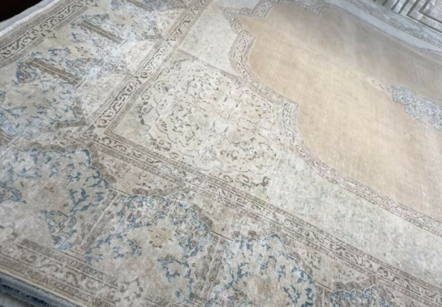 Vintage Super-fine Persian Distressed Ravar-Kerman Wool Rug - Sand, Chocolate, Aqua and Turquoise - 296 x 400cm