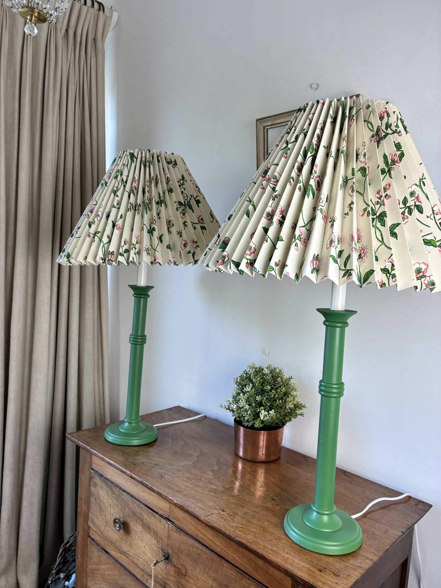 Pair of Green Candlestick Lamps with Pleated Shades