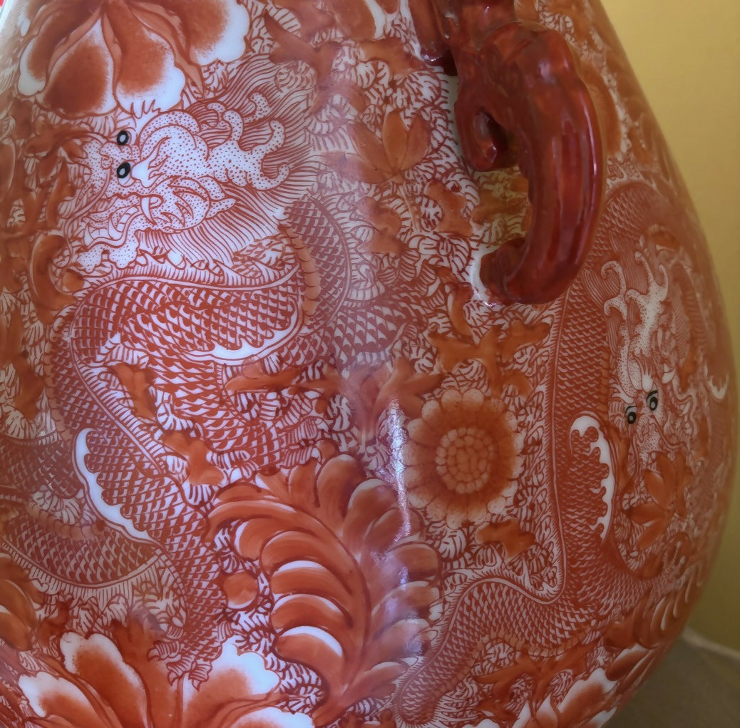 Substantial Vintage Chinese Orange Porcelain Lamp with Dragons