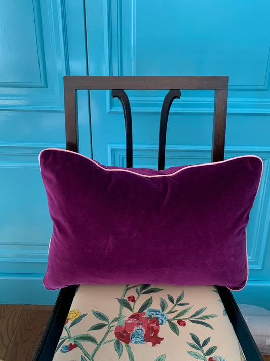 Deep purple velvet lumbar cushion with contrast piping