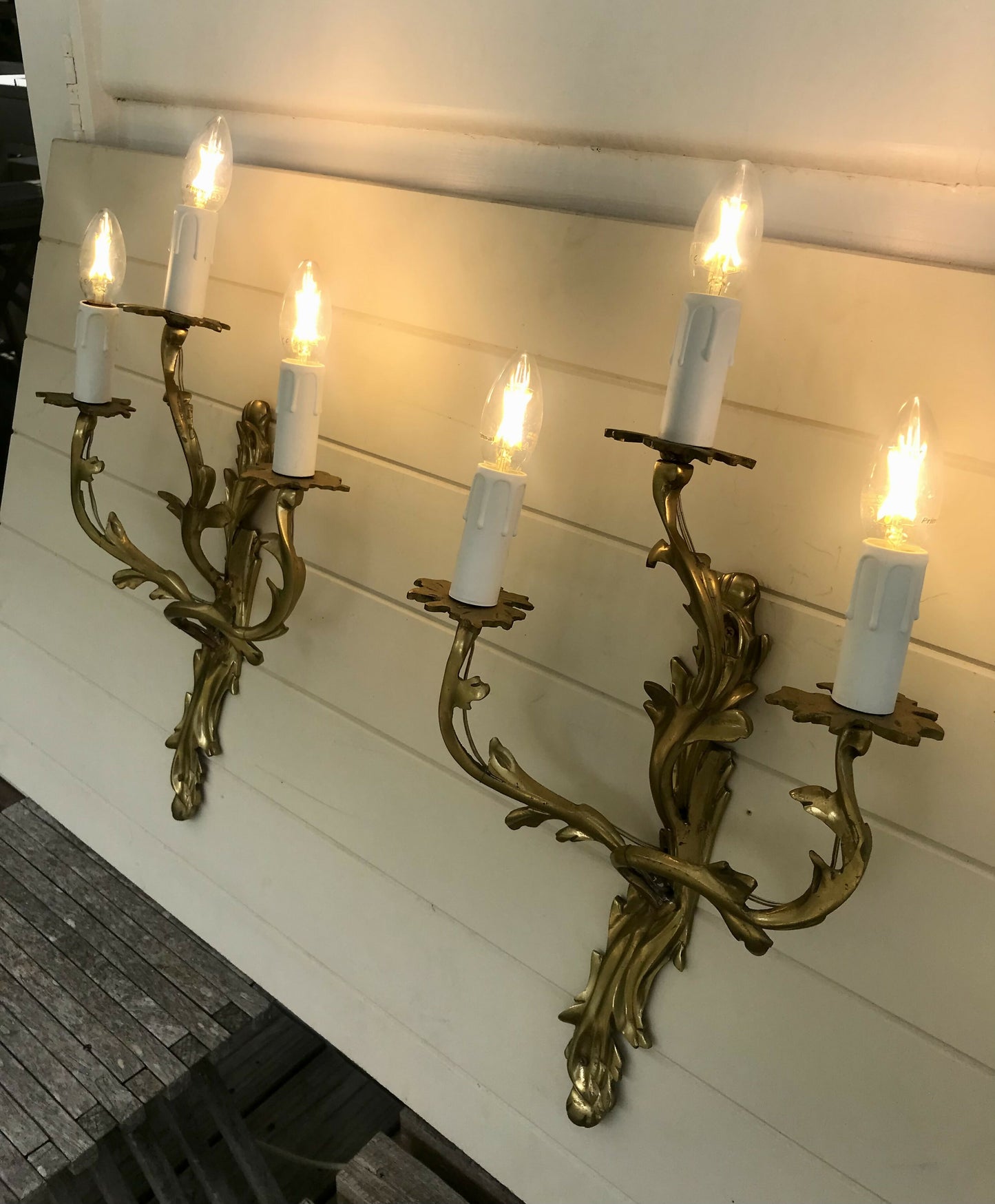 Pair of solid brass rococo wall sconces