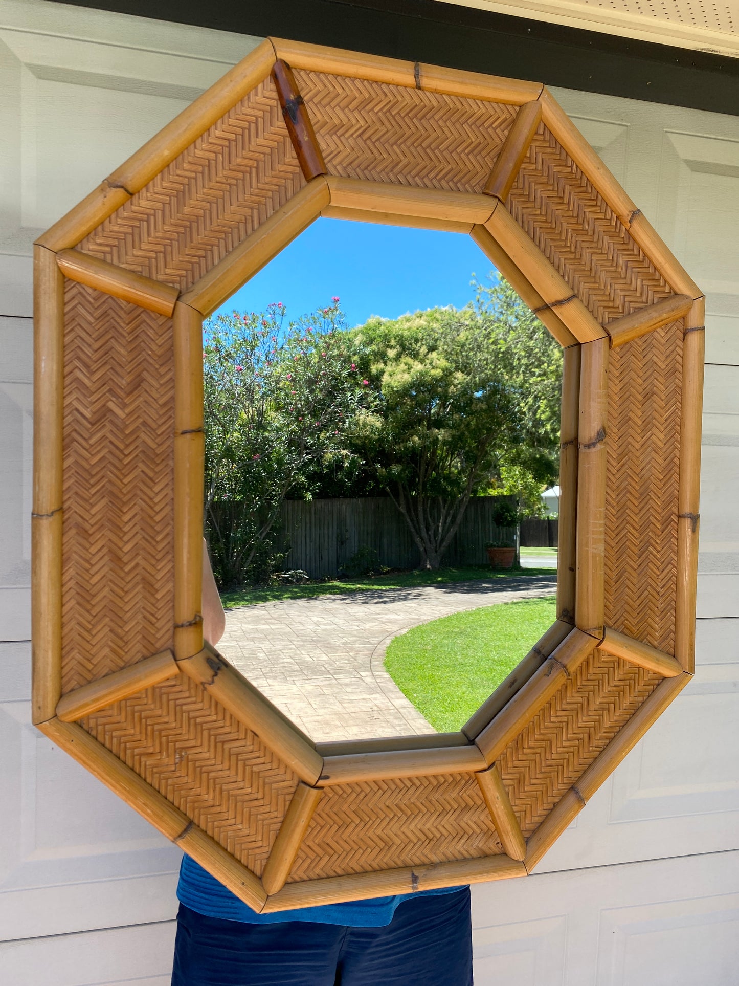 Octagonal bamboo & cane mirror