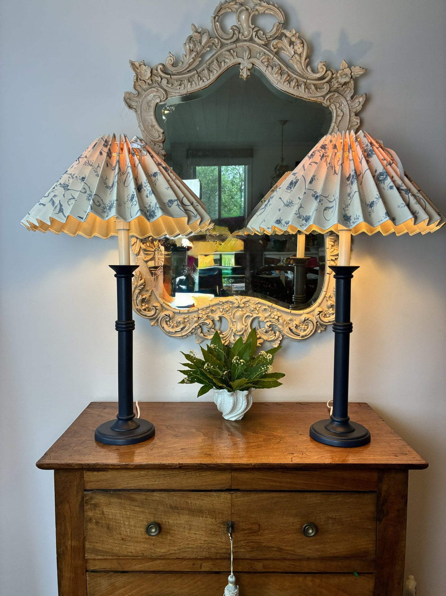 Pair of Blue Candlestick lamps with vintage pleated shades