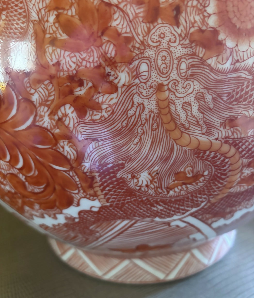 Substantial Vintage Chinese Orange Porcelain Lamp with Dragons