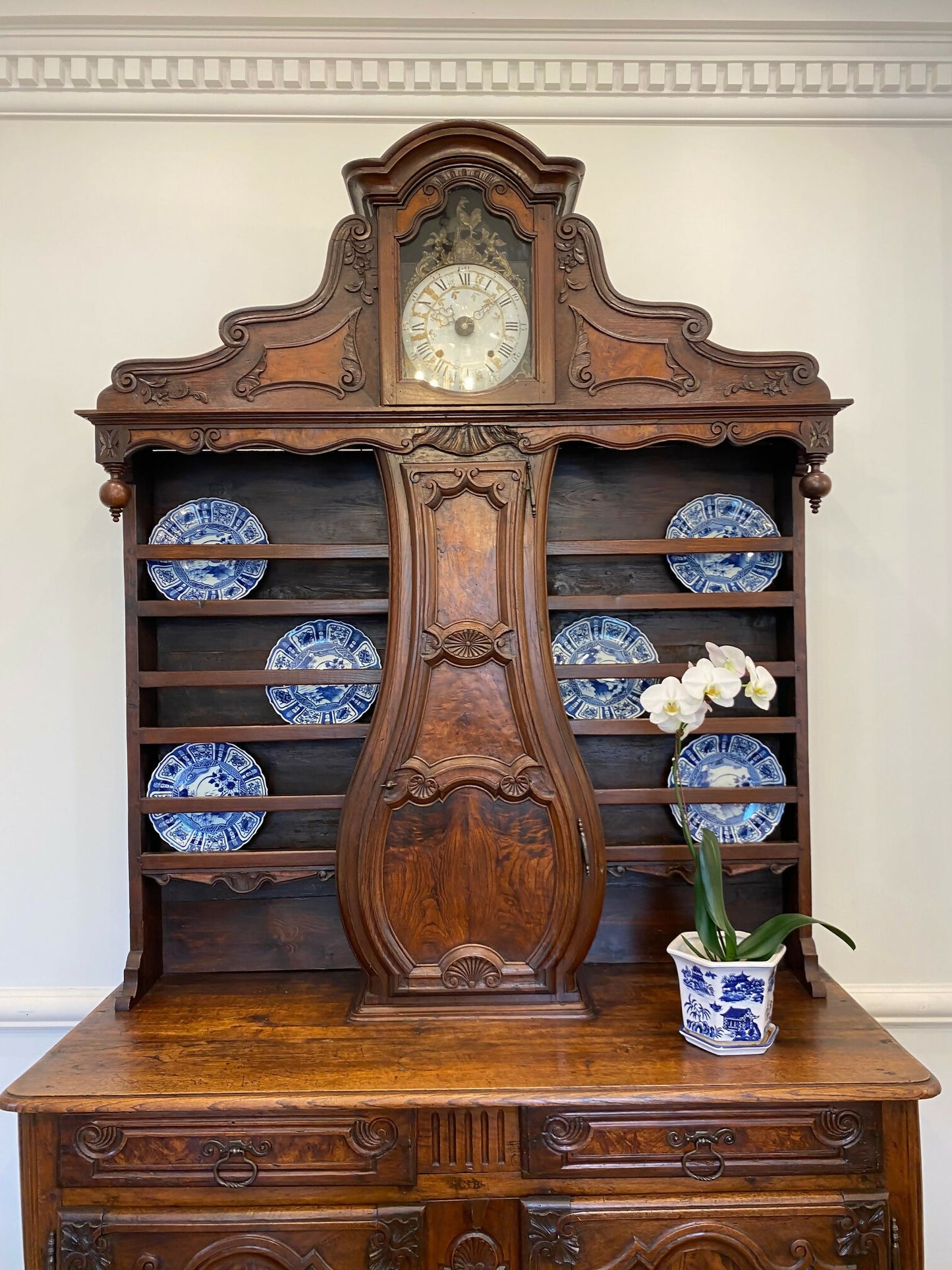 18th Century Walnut and Oak Buffet Vaisellier with Clock