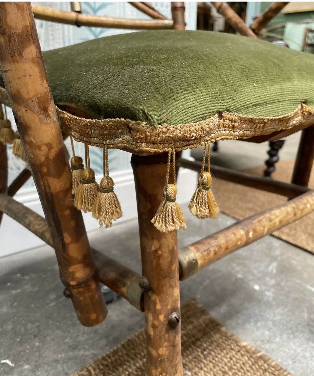 Pair of Vintage Rattan Chairs with Original Green Velvet Seats
