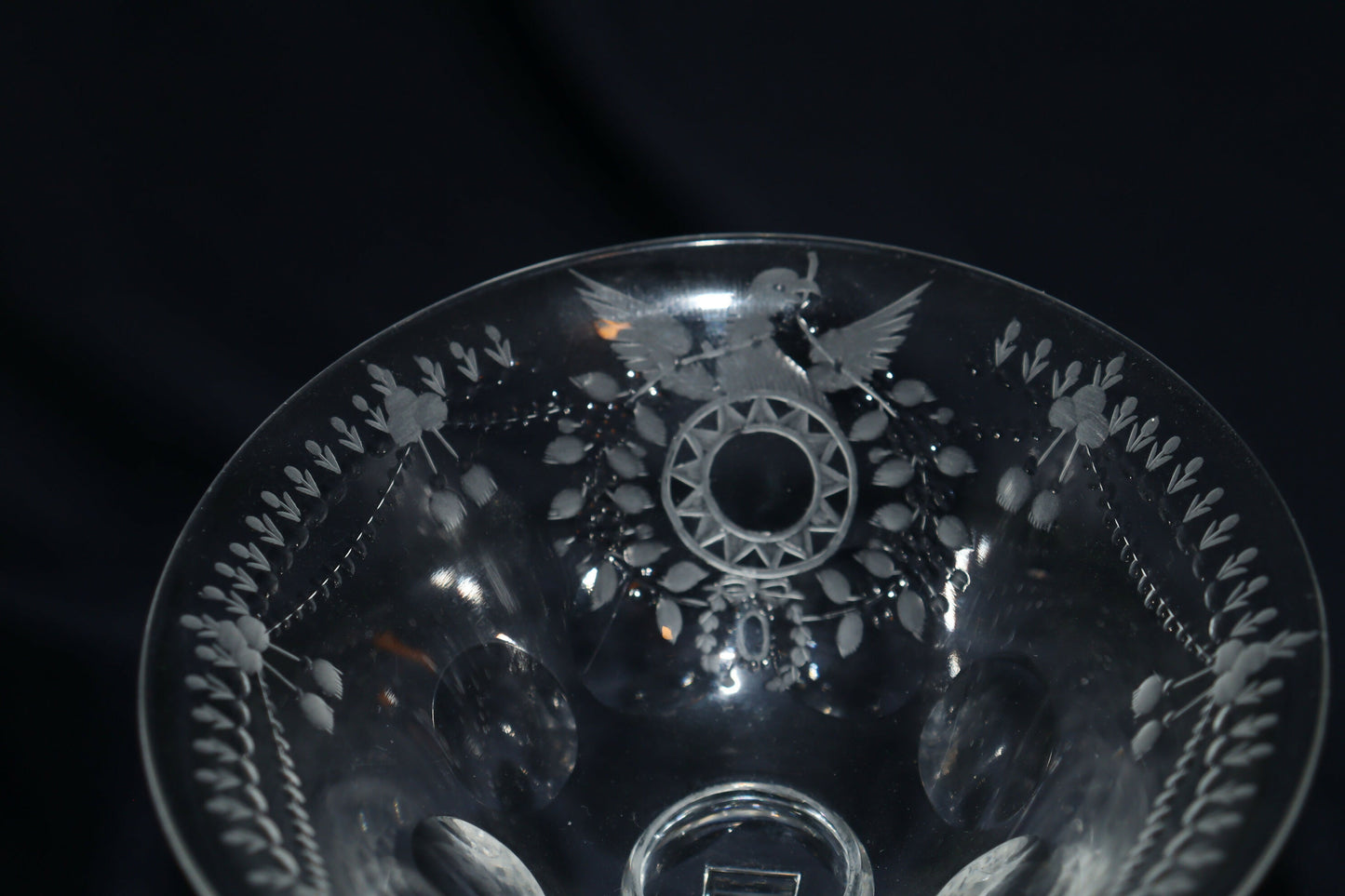 Engraved glass sweetmeats bowl.