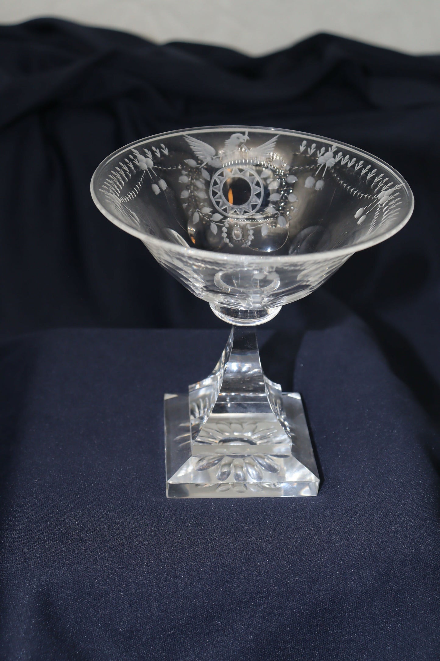 Engraved glass sweetmeats bowl.