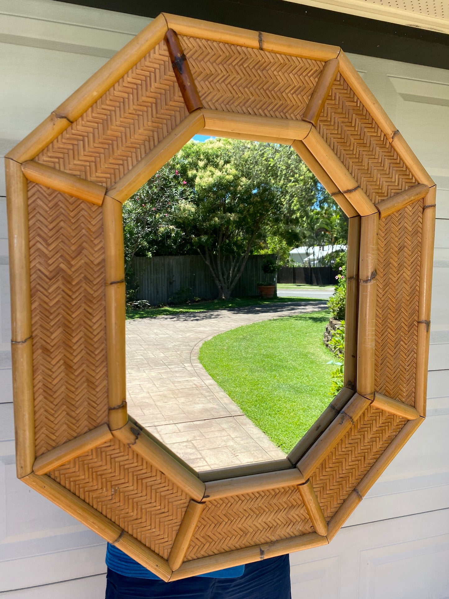 Octagonal bamboo & cane mirror