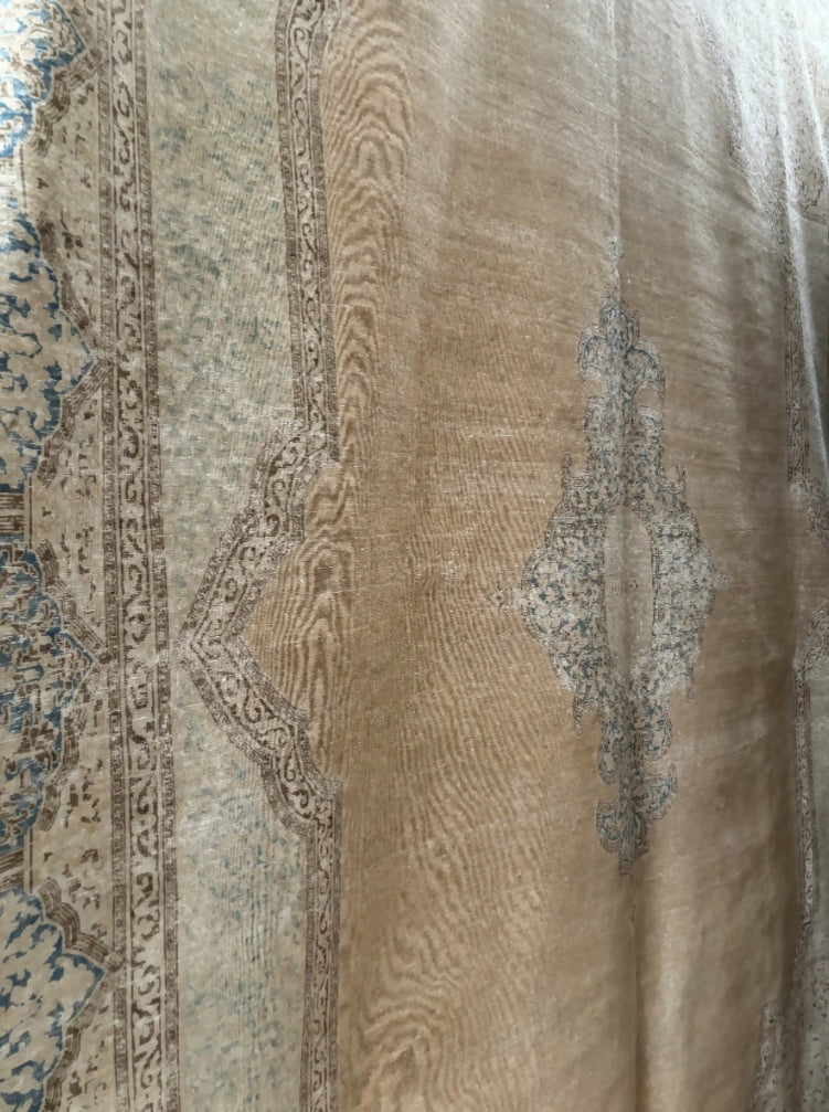 Vintage Super-fine Persian Distressed Ravar-Kerman Wool Rug - Sand, Chocolate, Aqua and Turquoise - 296 x 400cm