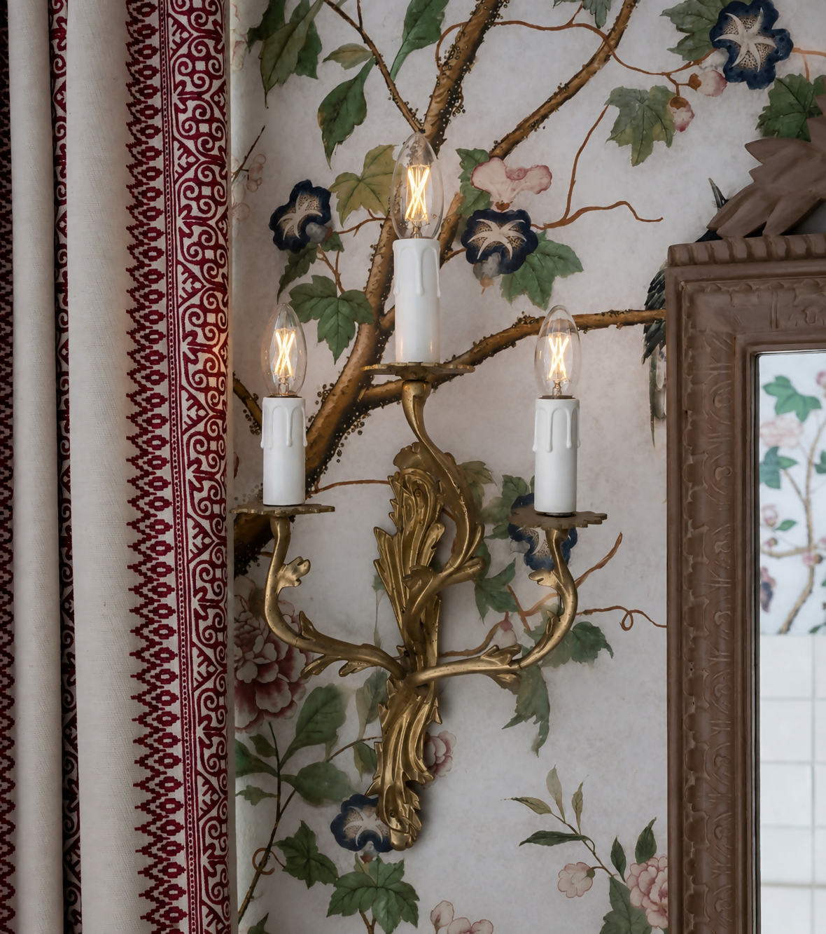 Pair of solid brass rococo wall sconces