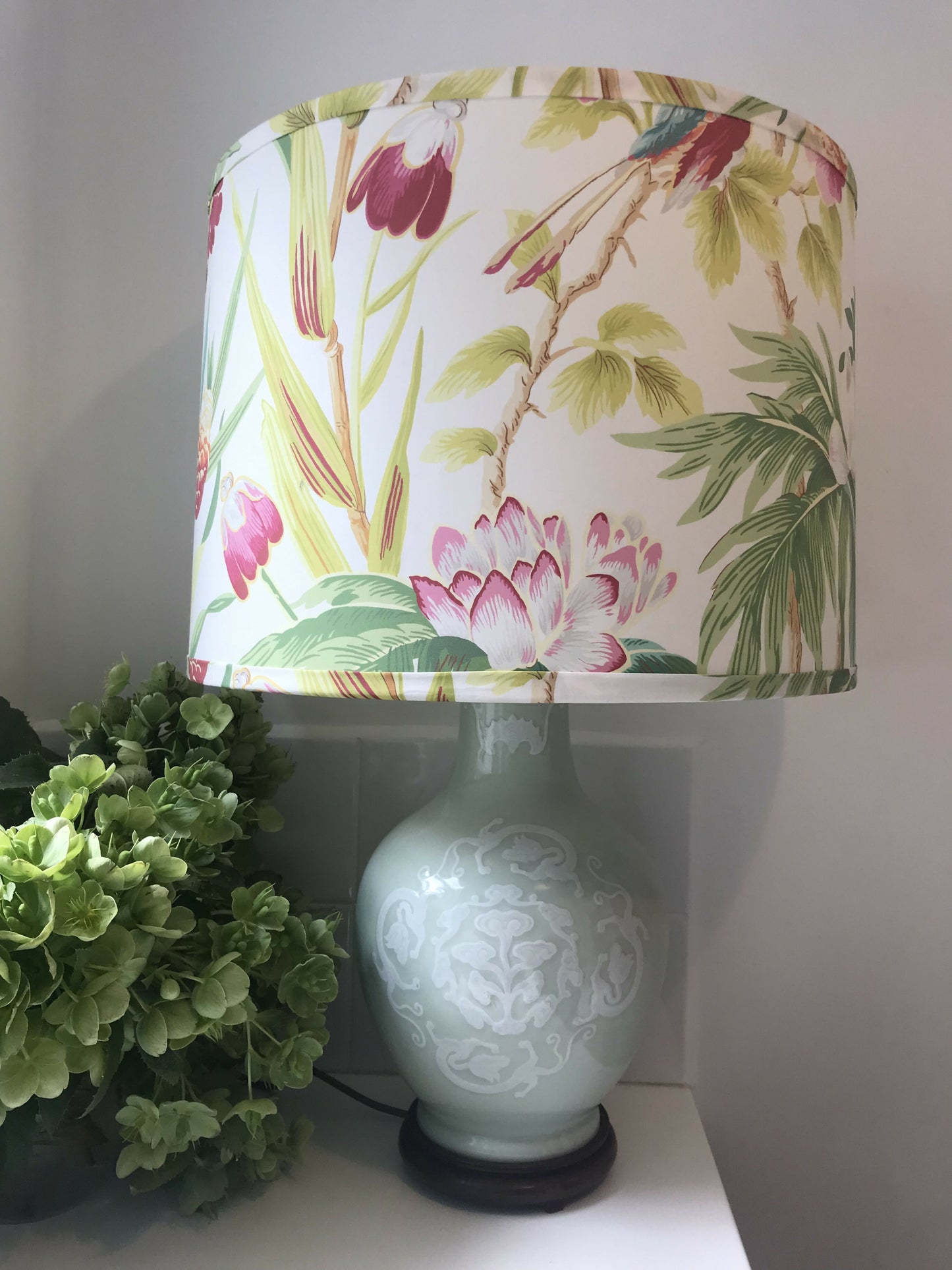 Large Celadon Lamp, Schumacher Shade