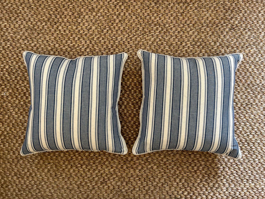 Pair of Schumacher Ojai Stripe in blue bespoke cushions