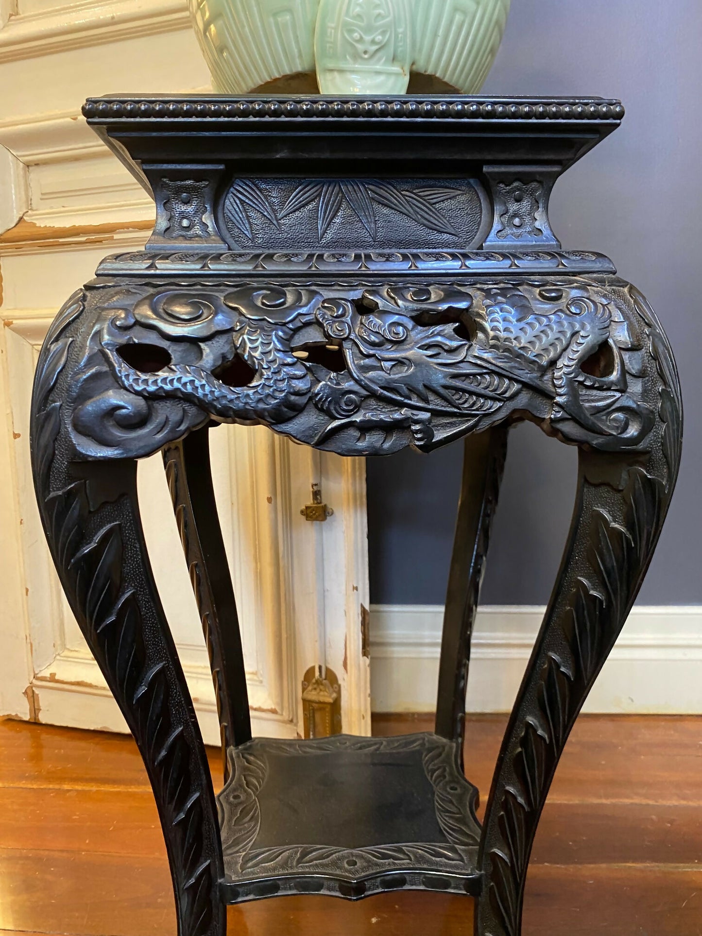 Ebonised Timber Stand with Carved Dragons