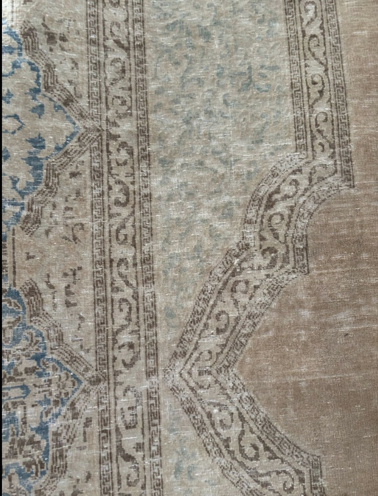 Vintage Super-fine Persian Distressed Ravar-Kerman Wool Rug - Sand, Chocolate, Aqua and Turquoise - 296 x 400cm