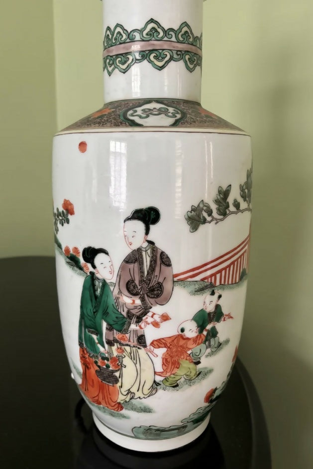 Vintage Chinese Porcelain Lamp with Green and Orange Figurative Motif