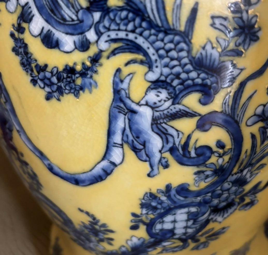 Large Vintage Yellow Ginger Jar Lamp Base with Blue Garland and Putti Motif