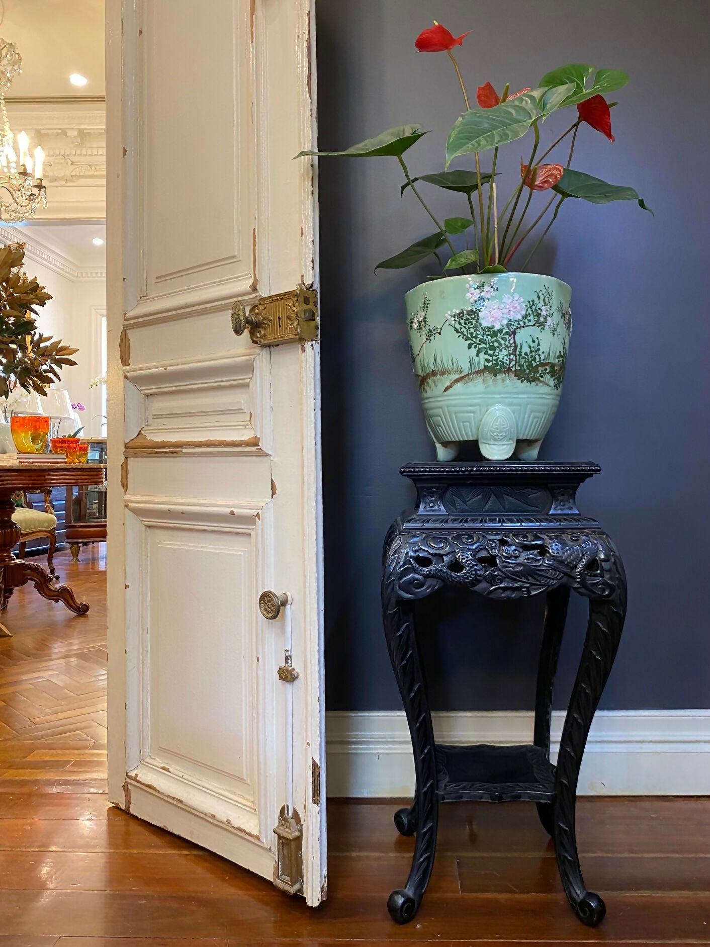 Ebonised Timber Stand with Carved Dragons