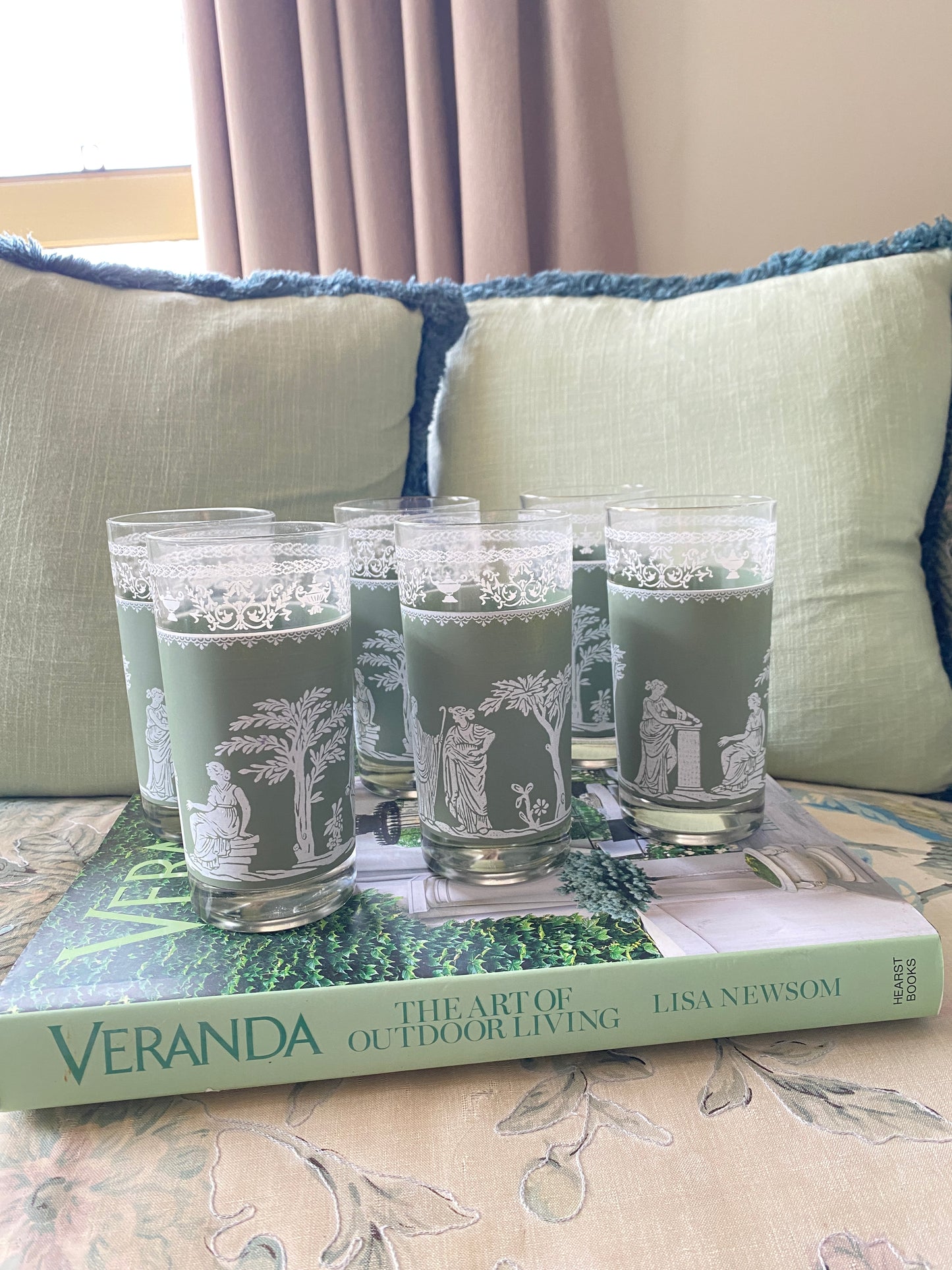 Set of 6 Grecian Green Motif Glasses