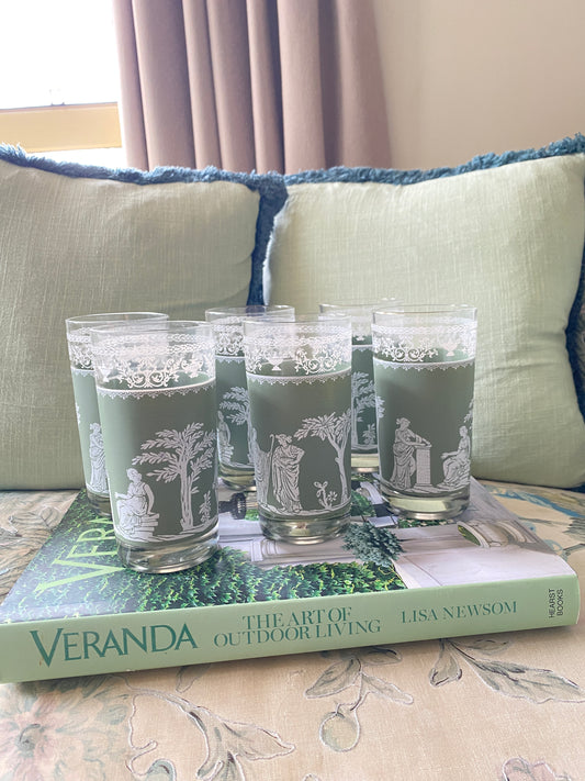 Set of 6 Grecian Green Motif Glasses