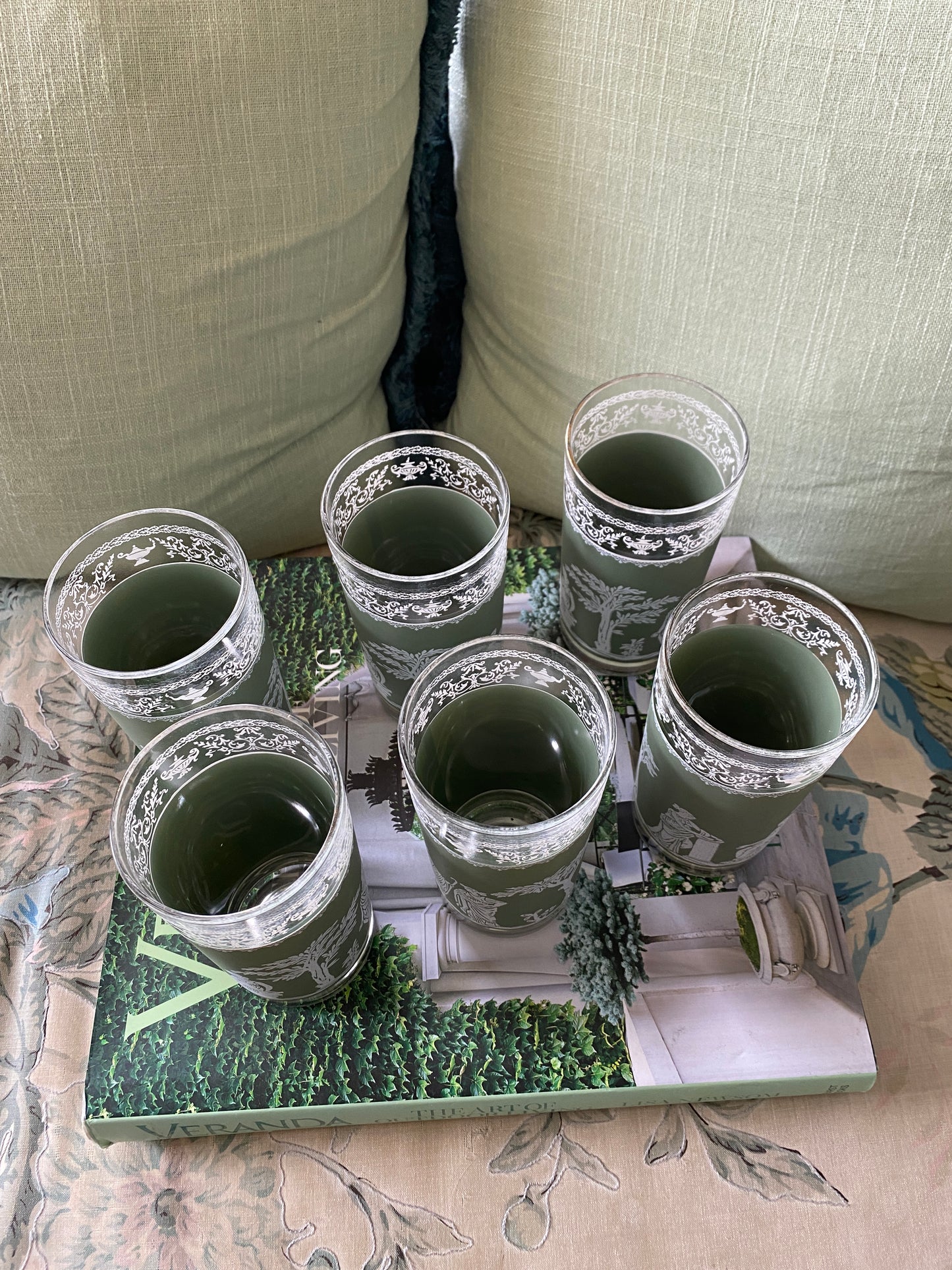 Set of 6 Grecian Green Motif Glasses