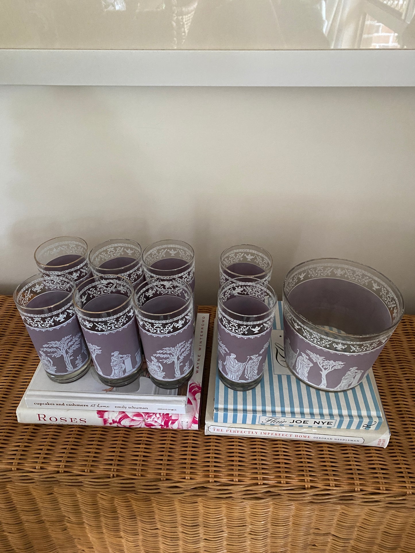 Set of 8 Grecian Purple Motif Glasses and Ice Bucket