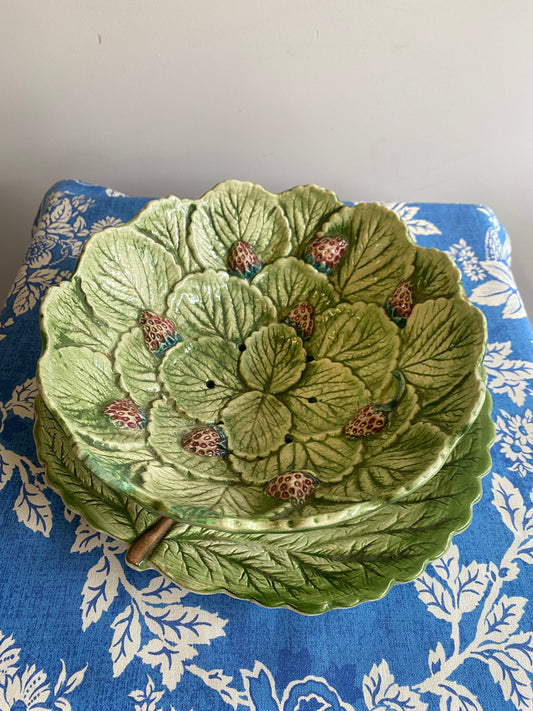 Vintage Strawberry Majolica Style Strainer with Under Plate