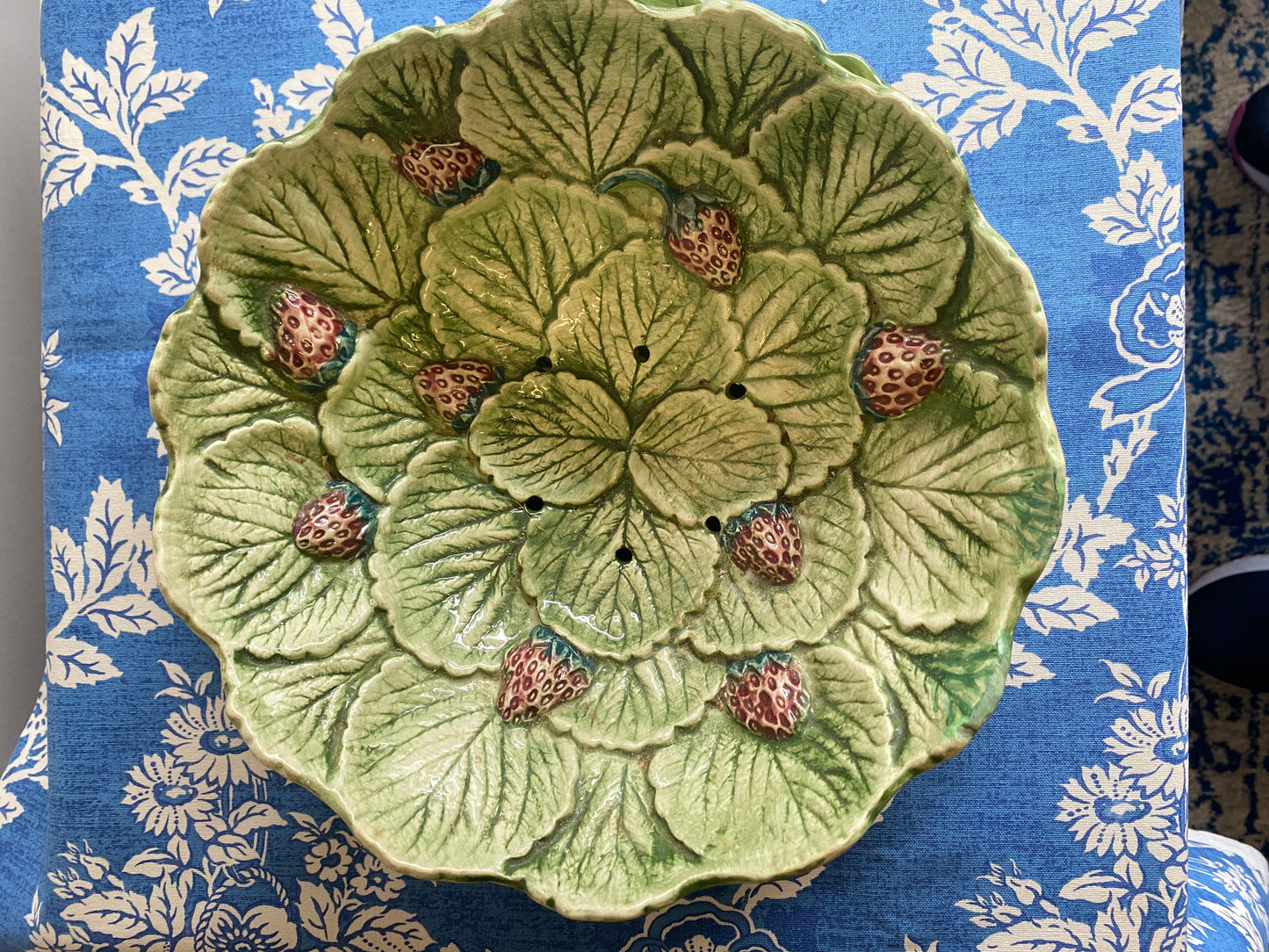 Vintage Strawberry Majolica Style Strainer with Under Plate