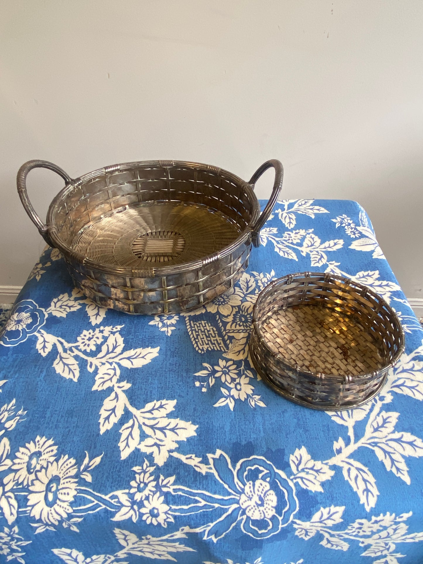 Pair of Vintage Silver Plated Woven Baskets