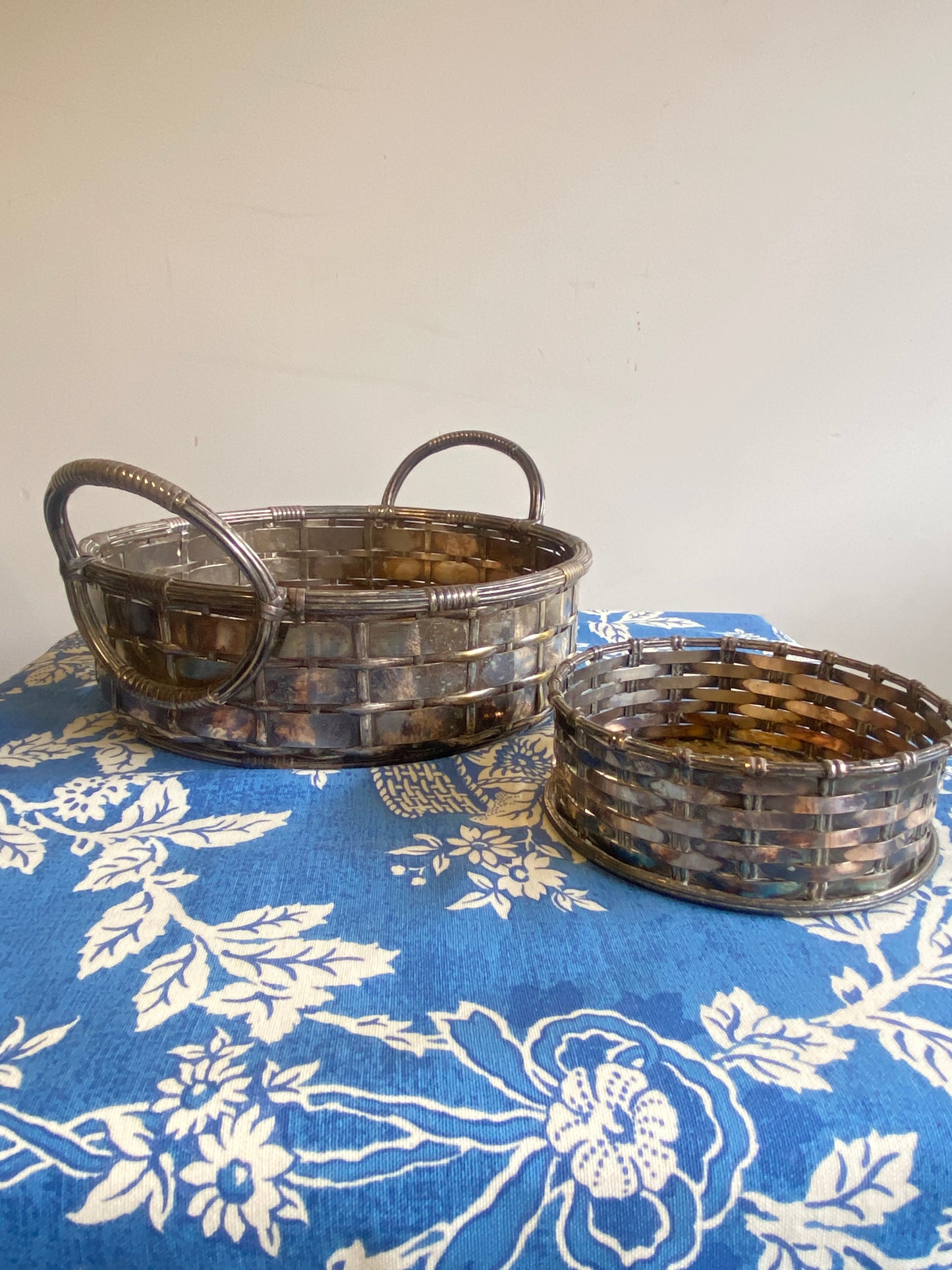 Pair of Vintage Silver Plated Woven Baskets