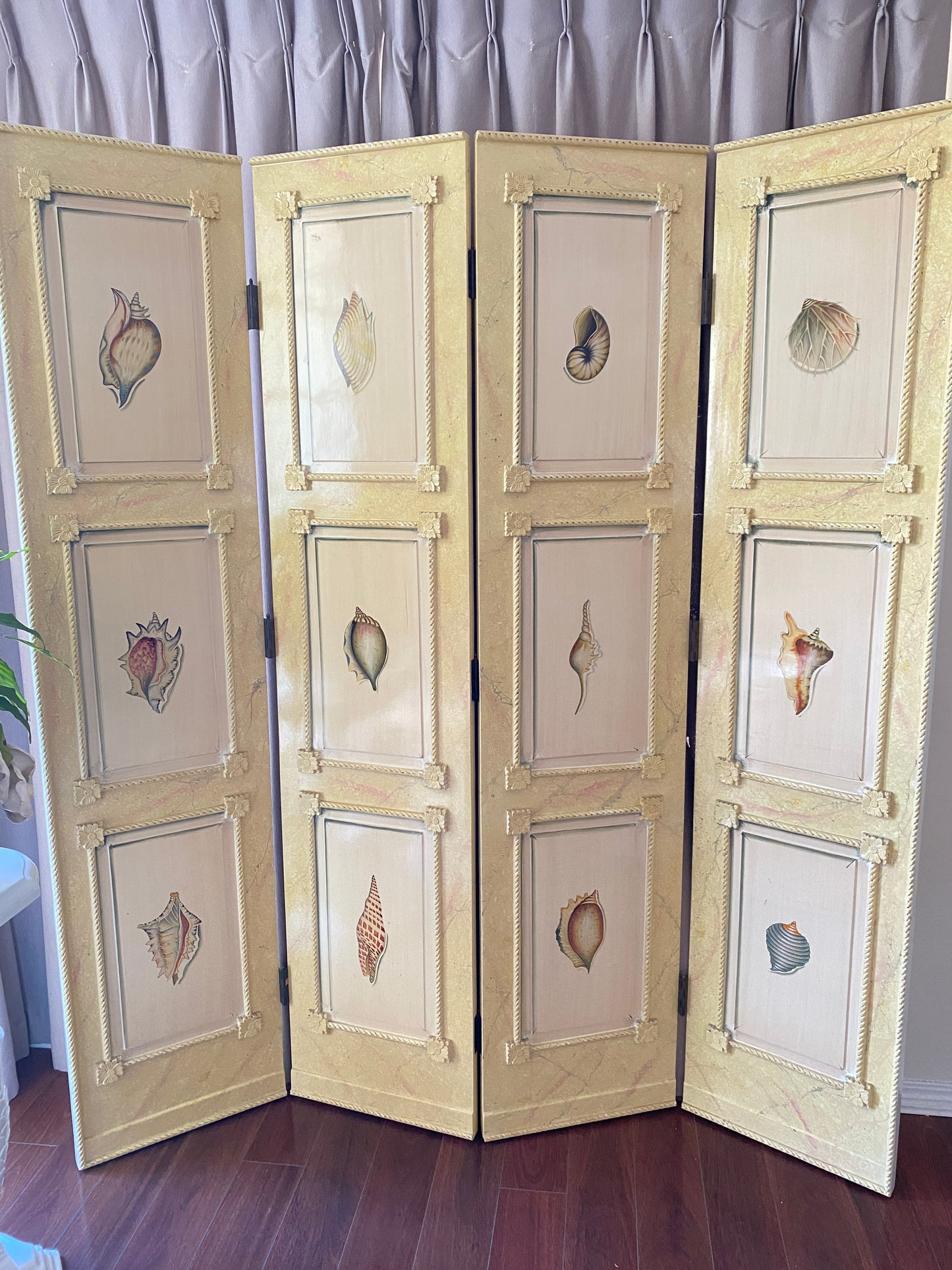 Nautical Four Panel Yellow Folding Screen Room Divider with Painted Conch Shells