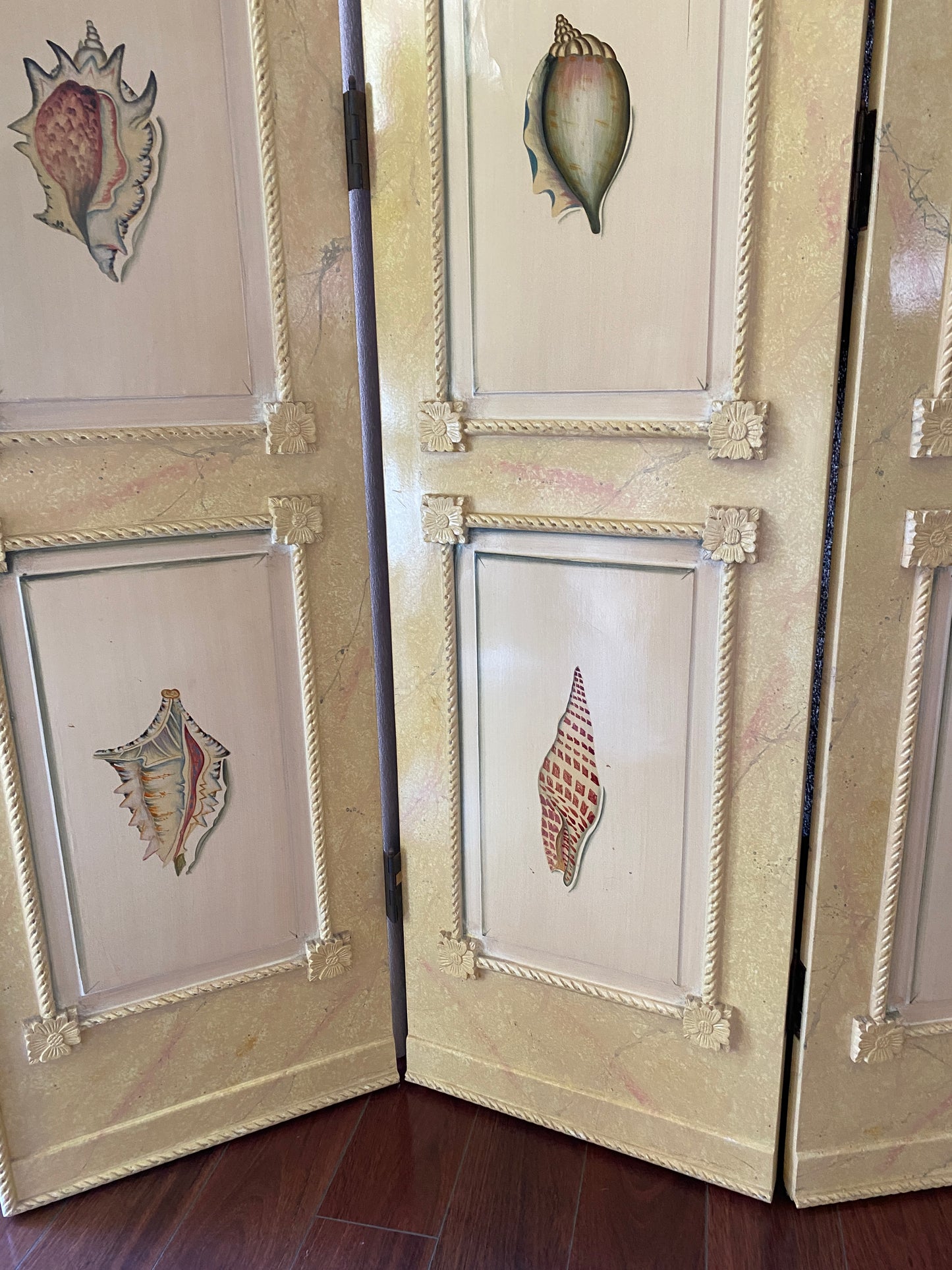 Nautical Four Panel Yellow Folding Screen Room Divider with Painted Conch Shells