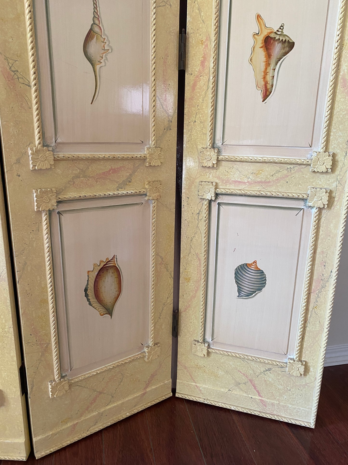 Nautical Four Panel Yellow Folding Screen Room Divider with Painted Conch Shells