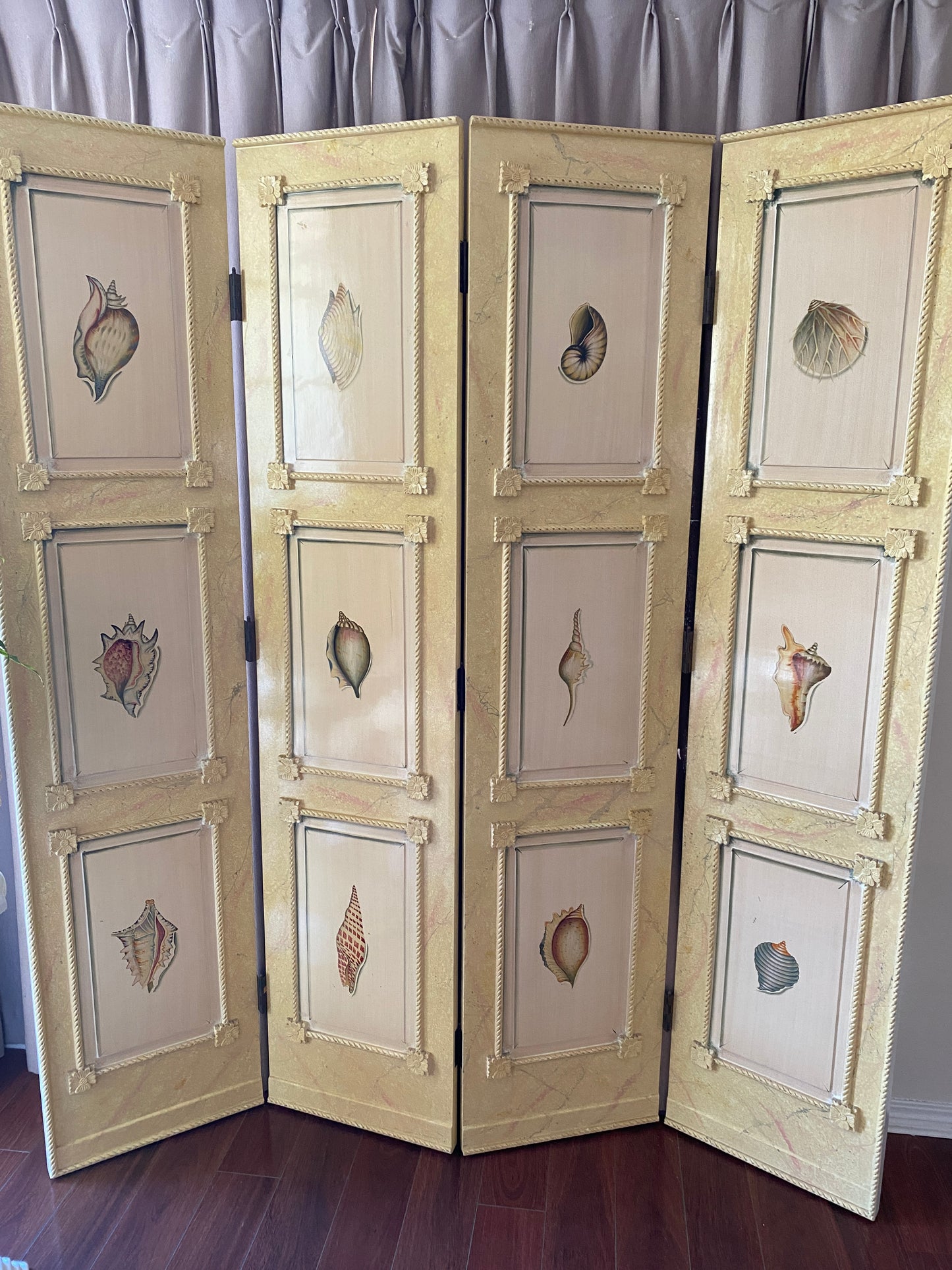 Nautical Four Panel Yellow Folding Screen Room Divider with Painted Conch Shells