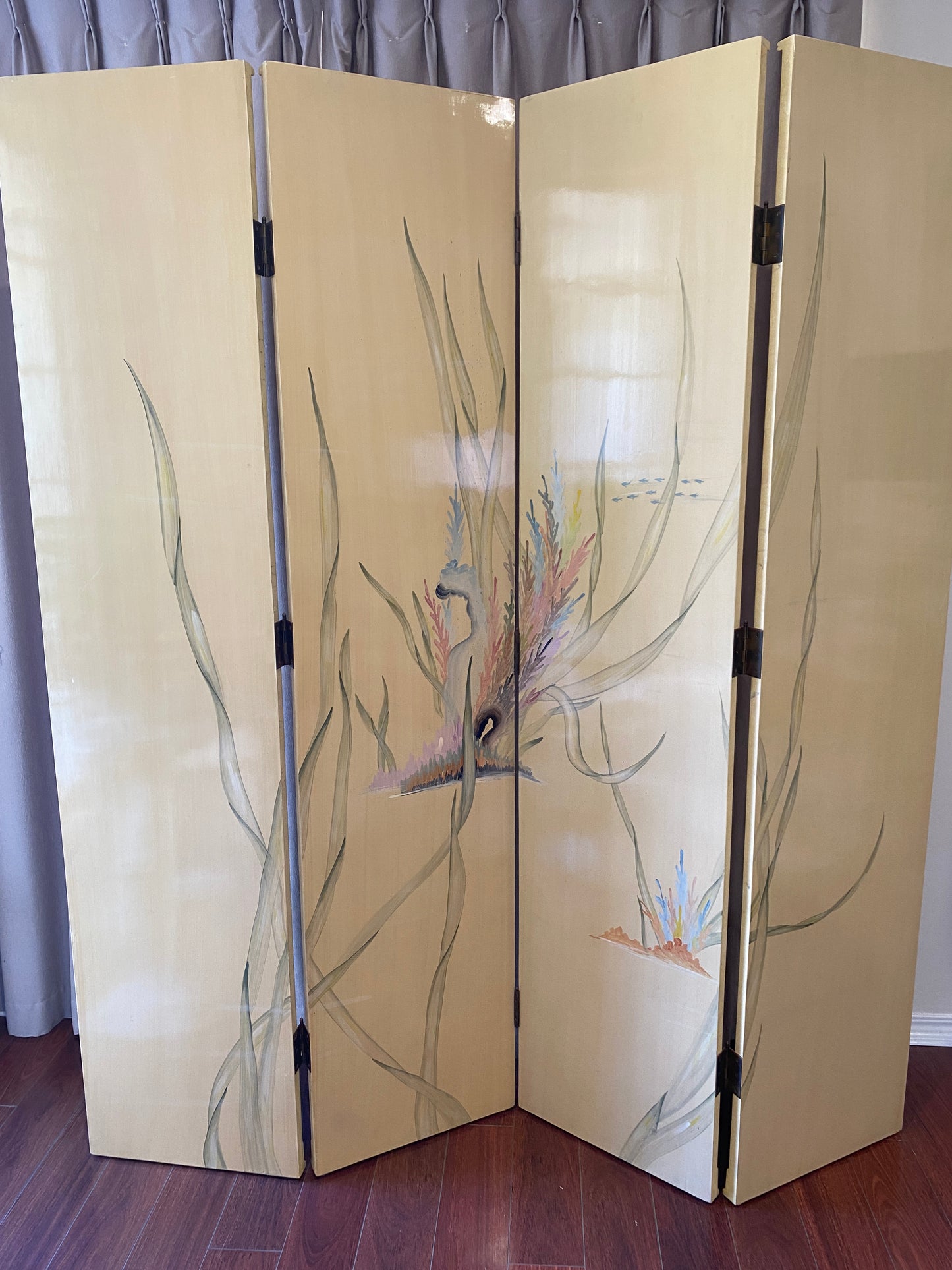 Nautical Four Panel Yellow Folding Screen Room Divider with Painted Conch Shells