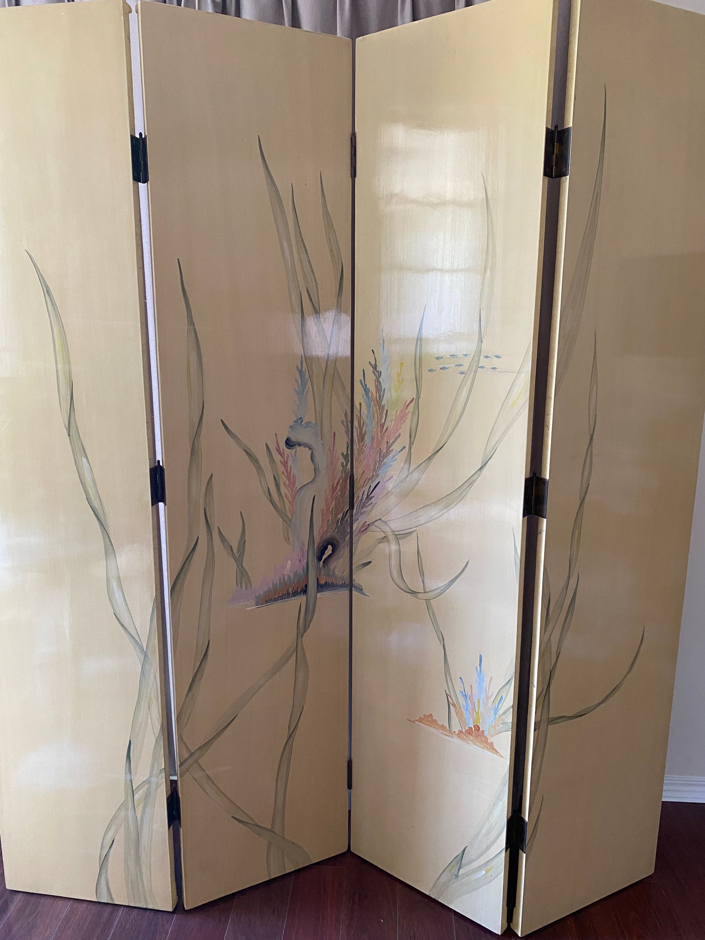 Nautical Four Panel Yellow Folding Screen Room Divider with Painted Conch Shells