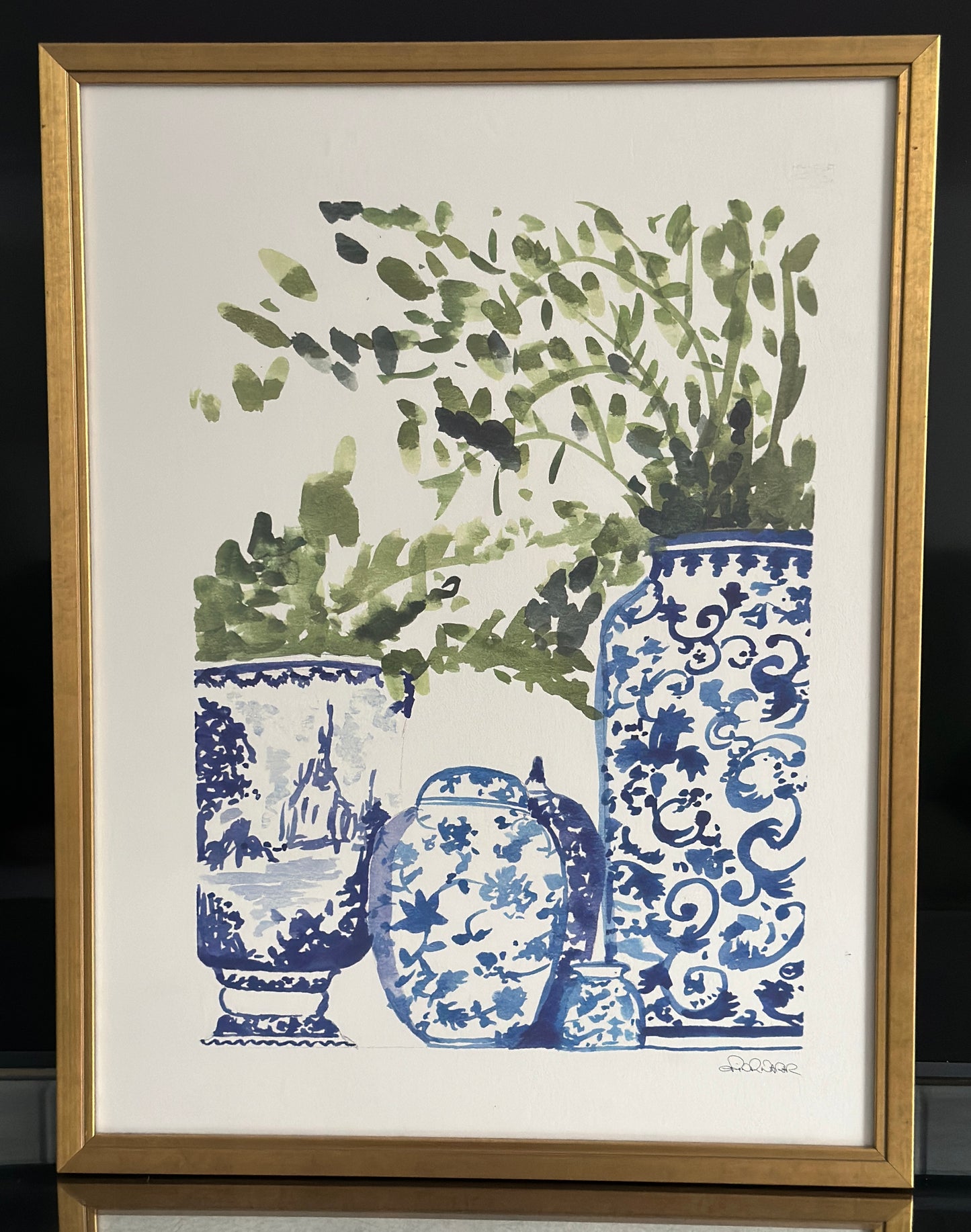 Blue and White ginger jar print with greenery