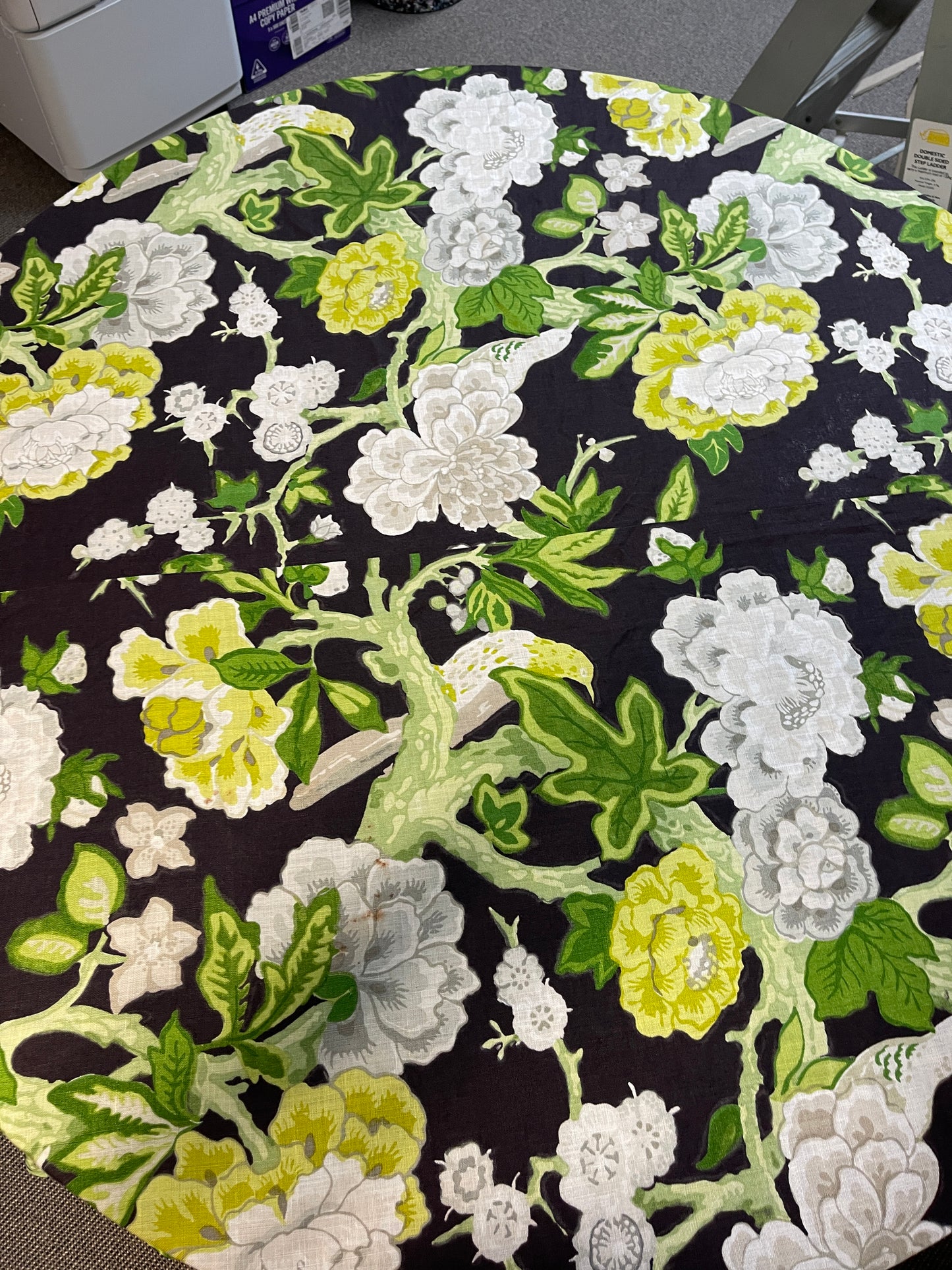 Round Tablecloth made in Mary MacDonald 'Bermuda Blossom' Jet.