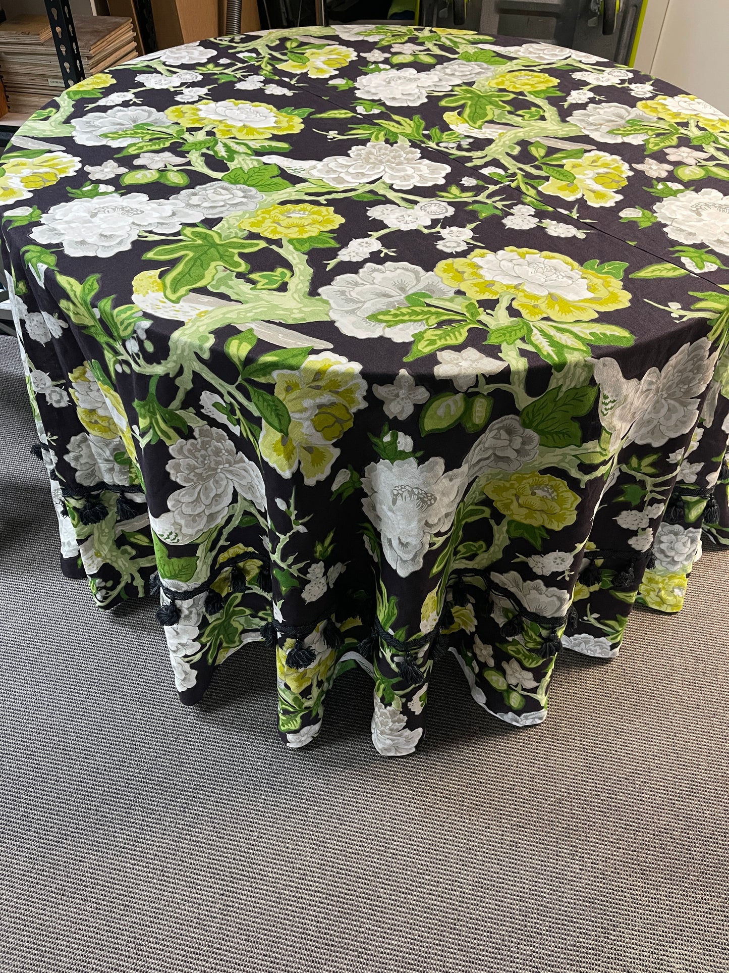 Round Tablecloth made in Mary MacDonald 'Bermuda Blossom' Jet.