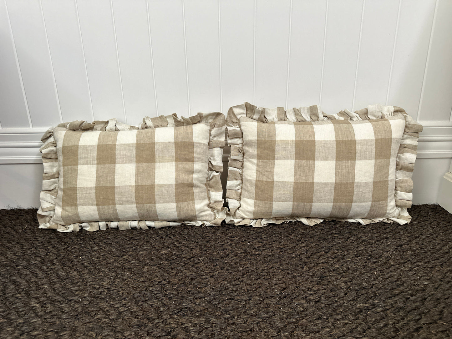 Pair Custom Made Ruffle Schumacher Gingham Linen Cushions