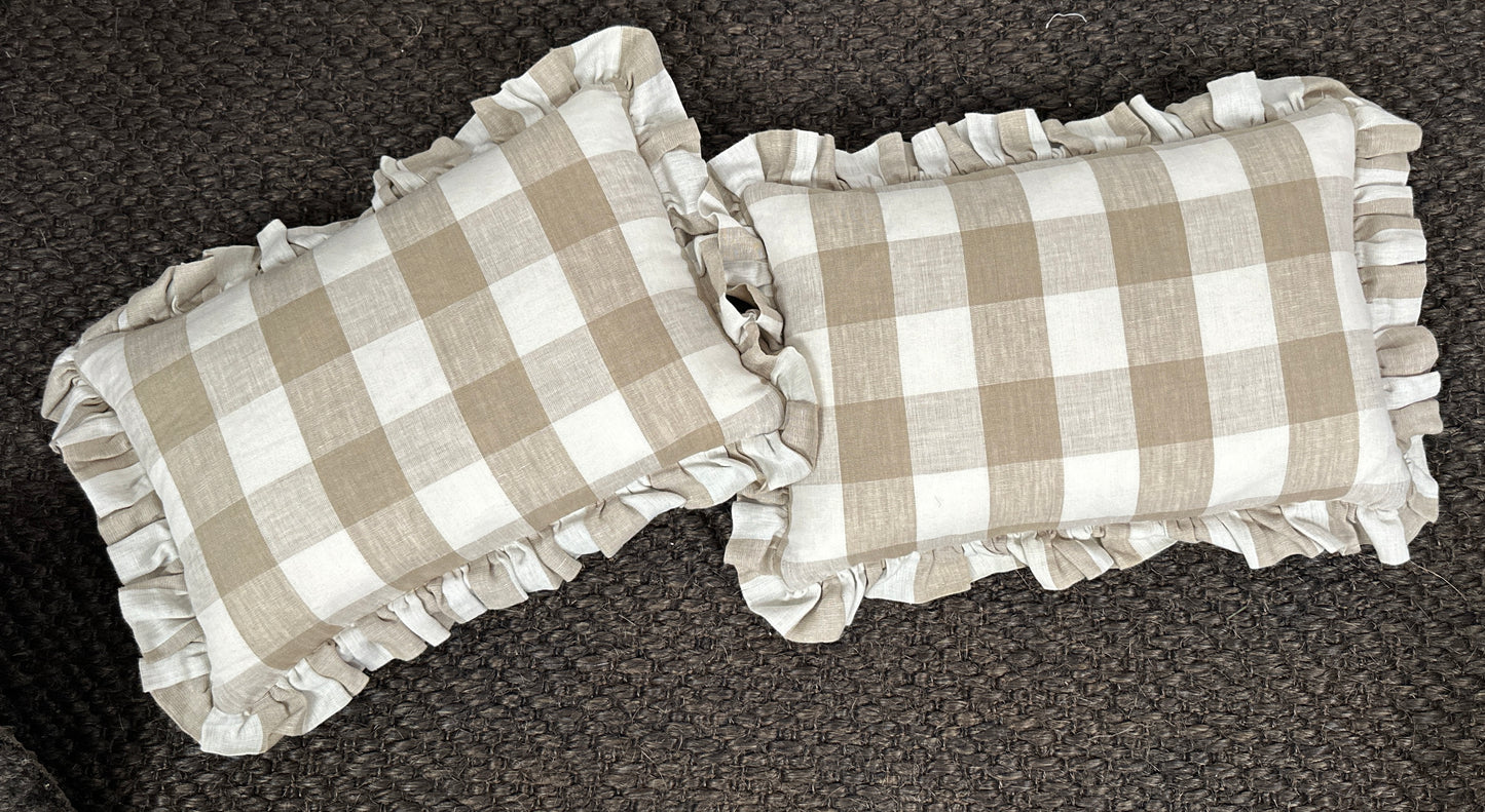 Pair Custom Made Ruffle Schumacher Gingham Linen Cushions