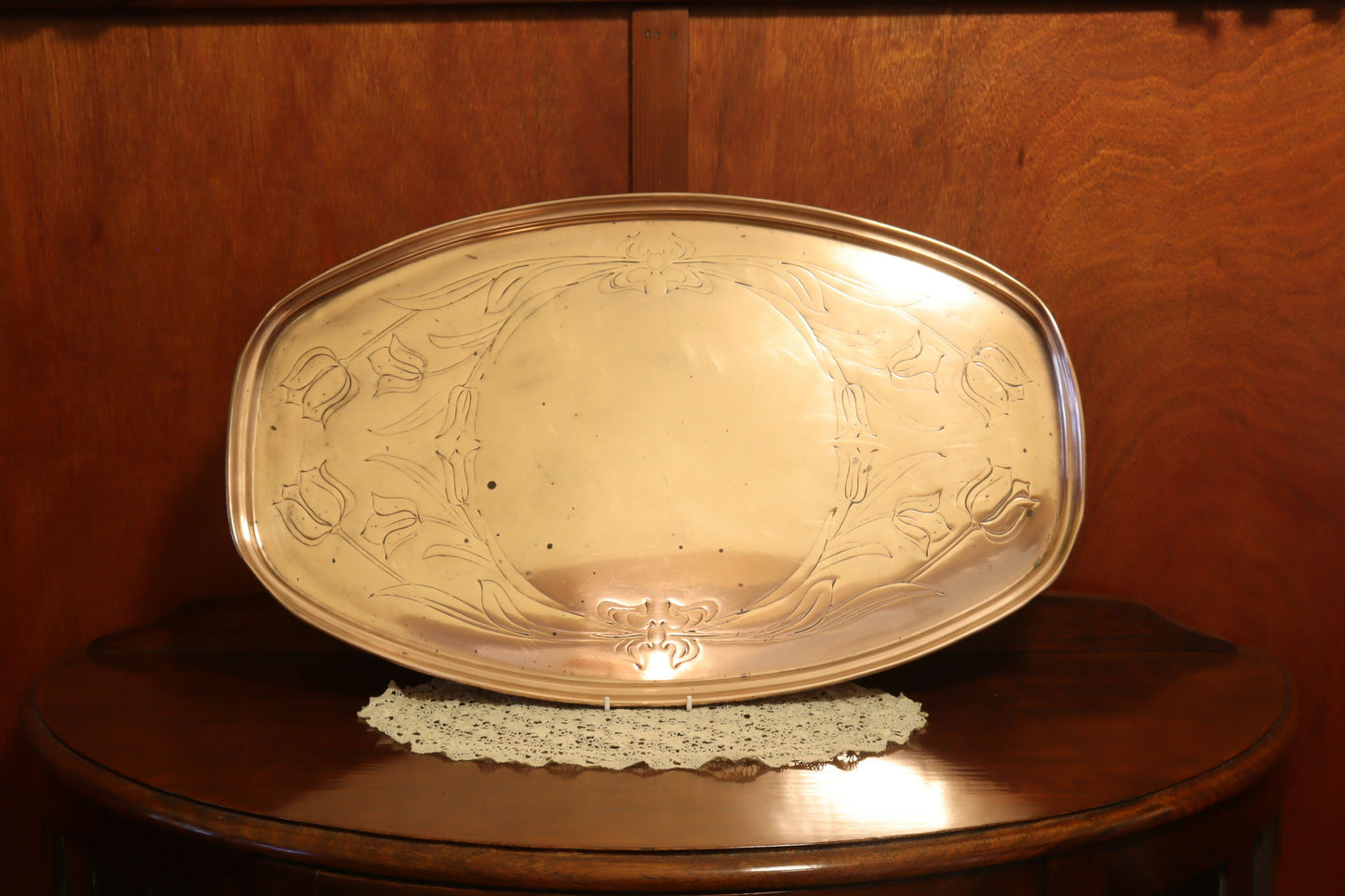 Large W A S Benson copper tray decorated with tulip pattern